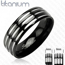 Изображение кольцо из титана чёрное с тремя стальными полосами spikes KL-001186, KL-001187