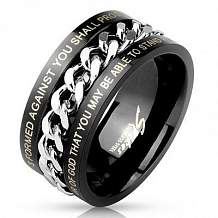 Изображение кольцо стальное черное с надписями и цепочкой в центре spikes KL-000243