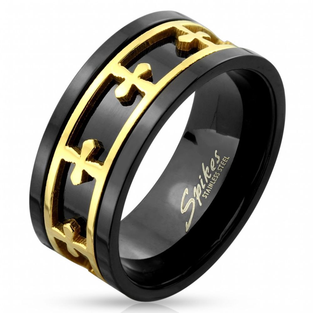 Кольцо черно золотое двухслойное с золотыми крестами по окружности