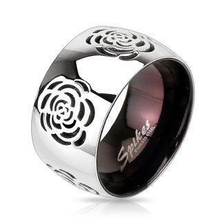 Кольцо женское широкое с черным рисунком розы по окружности