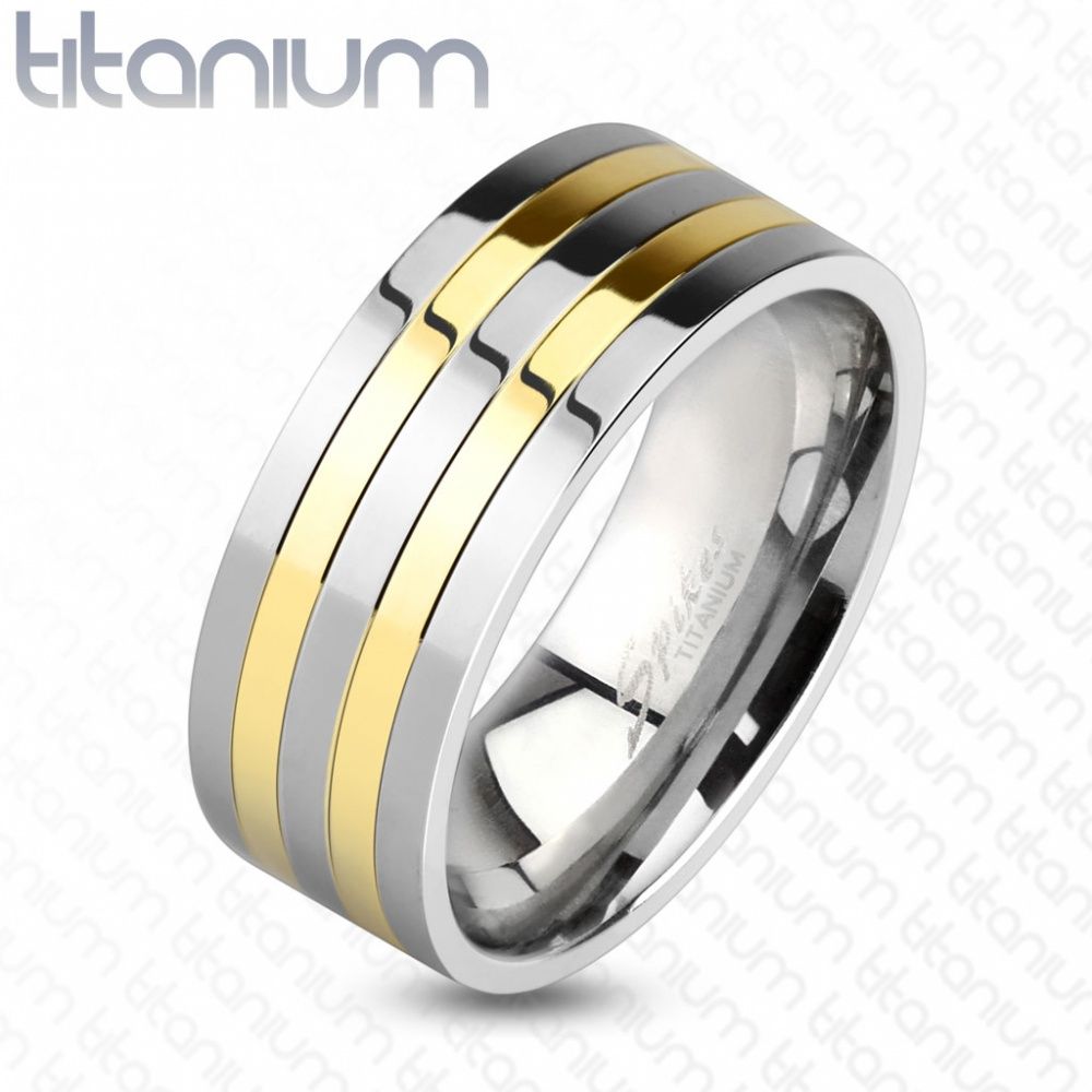 Кольцо из титана полосатое с золотыми полосами