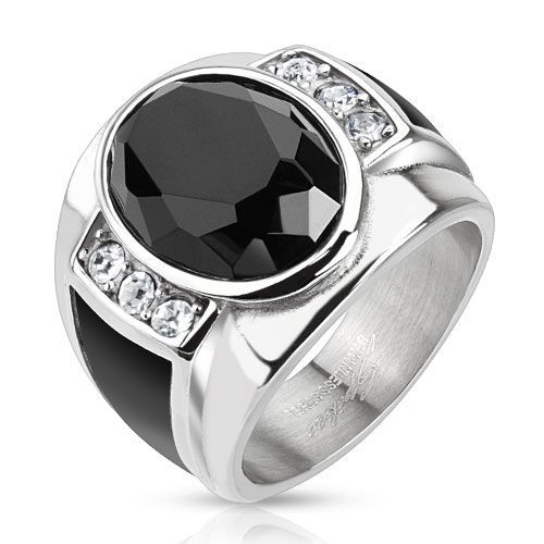 Перстень стальной с овальным черным камнем