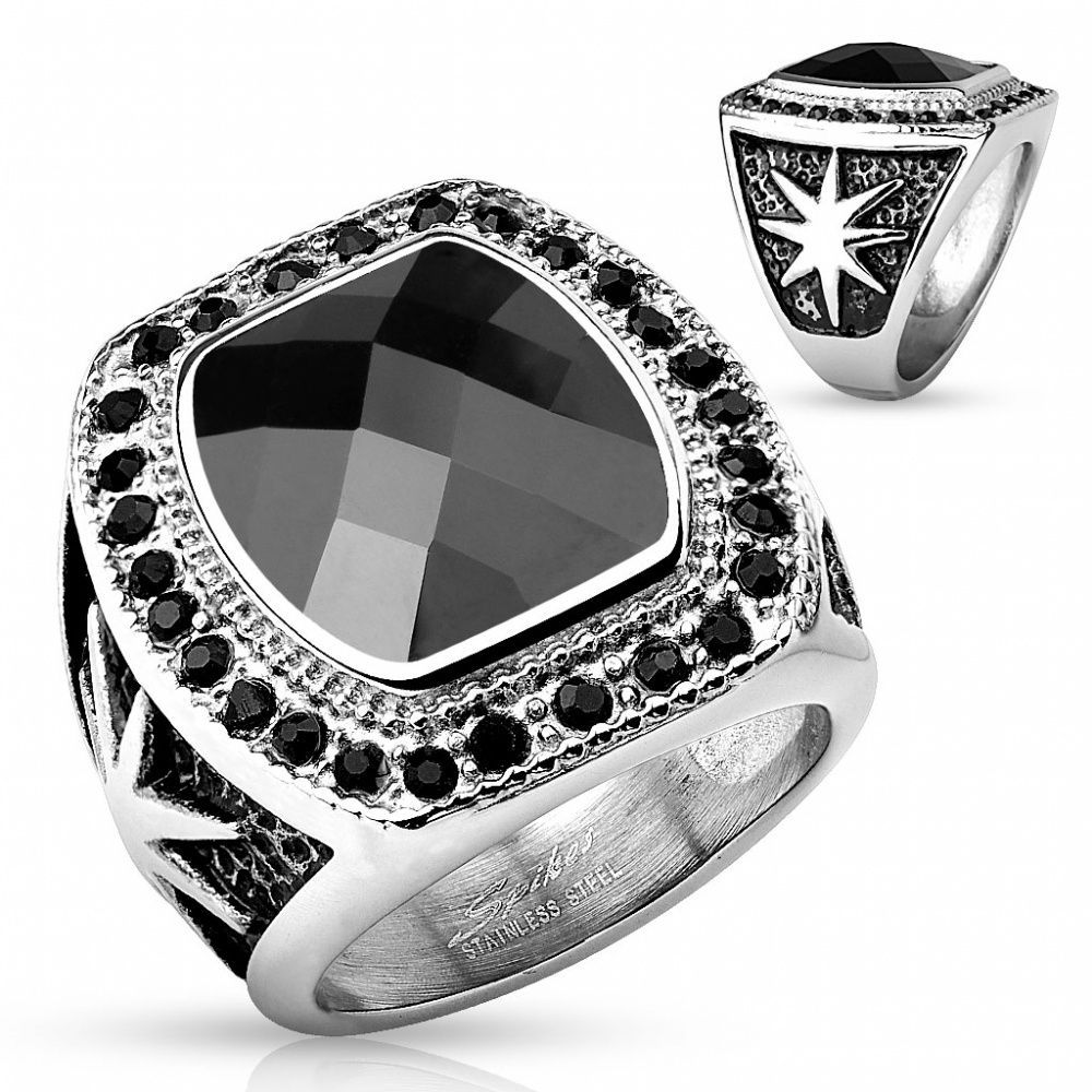 Кольцо перстень с крупным цирконом и звездами на боковых сторонах