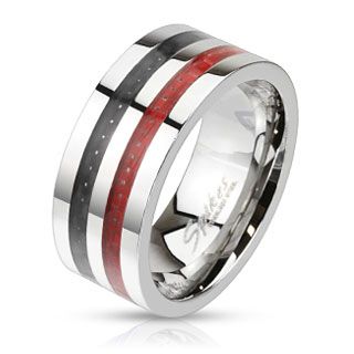 Кольцо с вставками карбона чёрного и красного цветов