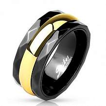 Изображение кольцо черно золотое с черными рифлеными краями spikes KL-000887