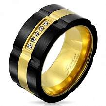 Изображение кольцо черное с золотой полосой и 5 цирконами  spikes KL-000844