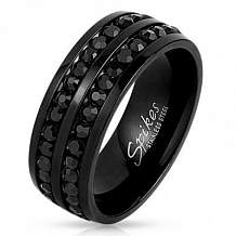 Изображение кольцо черное стальное с двумя дорожками черных цирконов spikes KL-000488