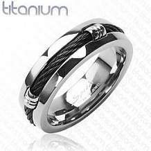 Изображение кольцо из титана с черным тросом и заклёпками spikes KL-001203
