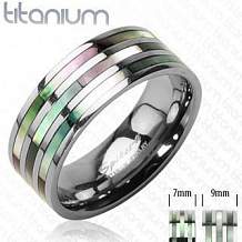 Изображение кольцо титановое с тремя полосками из абалона spikes KL-001174, KL-001175