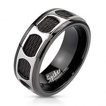 Изображение кольцо черное с черными тросами и стальным декором с овальными прорезями spikes KL-000751