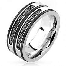 Изображение кольцо с тройной черной полосой по окружности и тросами spikes KL-000893