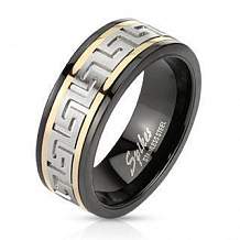 Изображение кольцо из стали черное со стальным меандром spikes KL-000745
