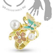 Изображение кольцо из латуни с бусинами и цветком и бабочкой spikes KL-000225