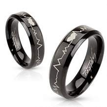 Изображение кольцо узкое черное с выгравированным сердечным ритмом spikes KL-000783