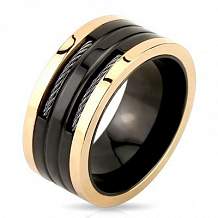 Изображение кольцо из стали черное с золотыми краями и 2 тросами в прорезях spikes KL-000251
