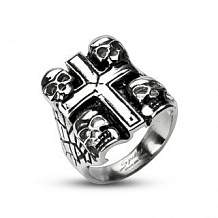 Изображение кольцо печатка из стали с крестом в окружении черепов spikes KL-000398