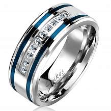 Изображение кольцо с синими полосами и дорожкой цирконов spikes KL-001501