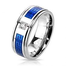 Изображение кольцо стальное с синим рисунком лабиринт и цирконом spikes KL-000628