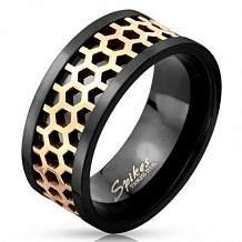 Изображение кольцо черное с золотыми сотами по окружности spikes KL-000846