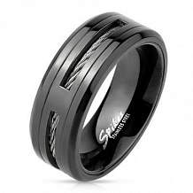 Изображение кольцо черное с запечатанным внутри тросом spikes KL-000866