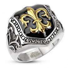 Изображение кольцо печатка в виде щита с золотой королевской лилией spikes KL-000409